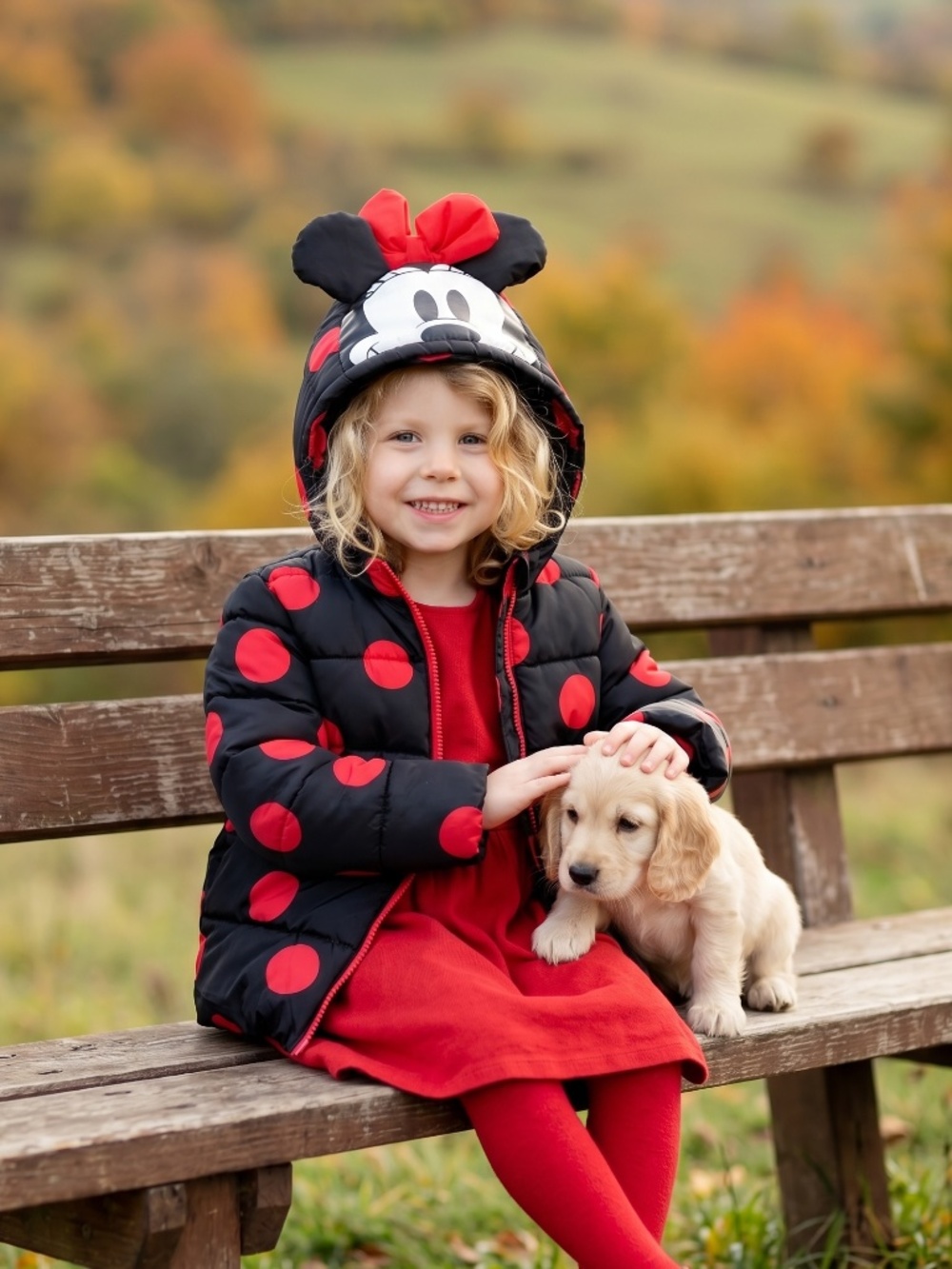 Disney Minnie Mouse zip up puffa jacket with red polka dots. Super cute!